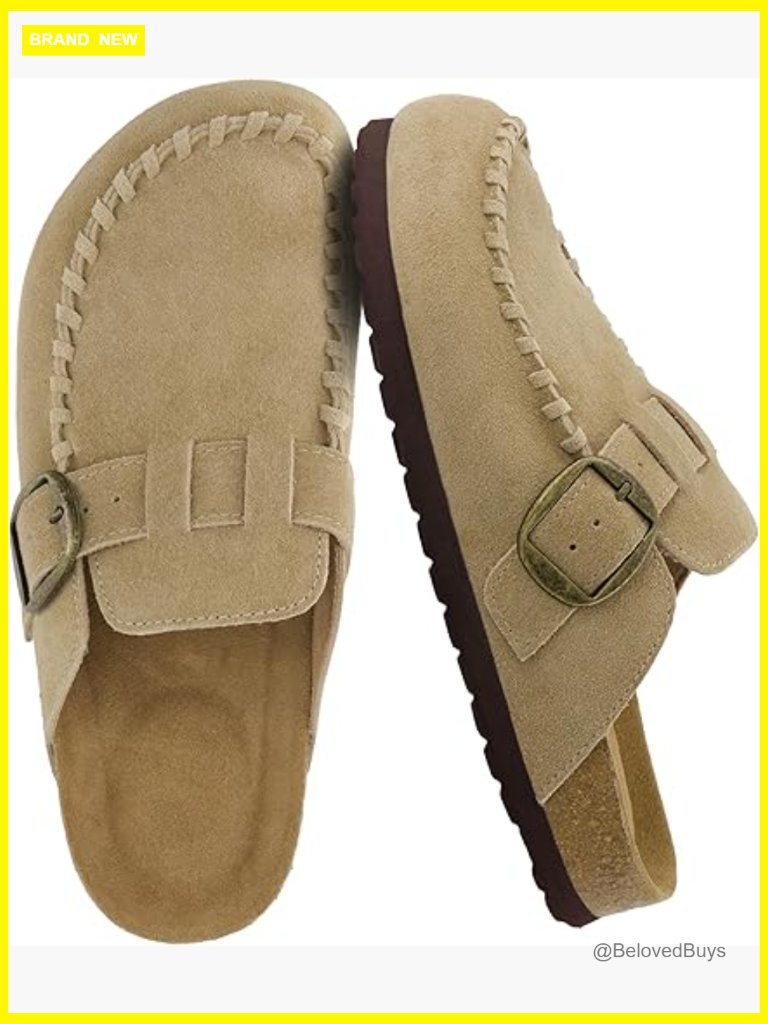 Genuine Suede Clogs With Moc Toe Adjustable Buckle, Cushioned Footbed, Slip-On